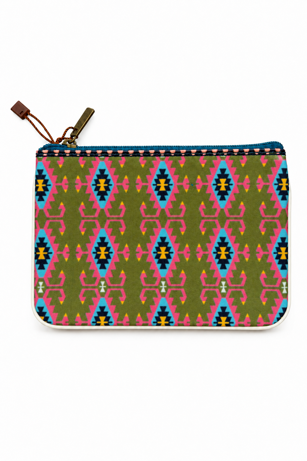 Green zip pouch with pink and turquoise geometric pattern on a white background