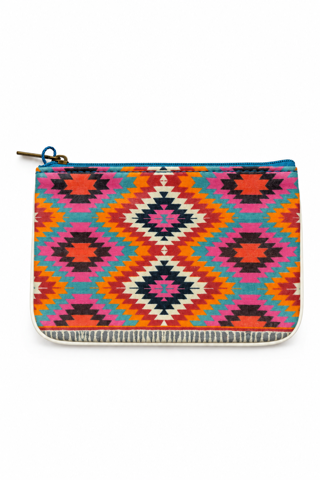 Multicolor geometric diamond pattern zip pouch on a white background