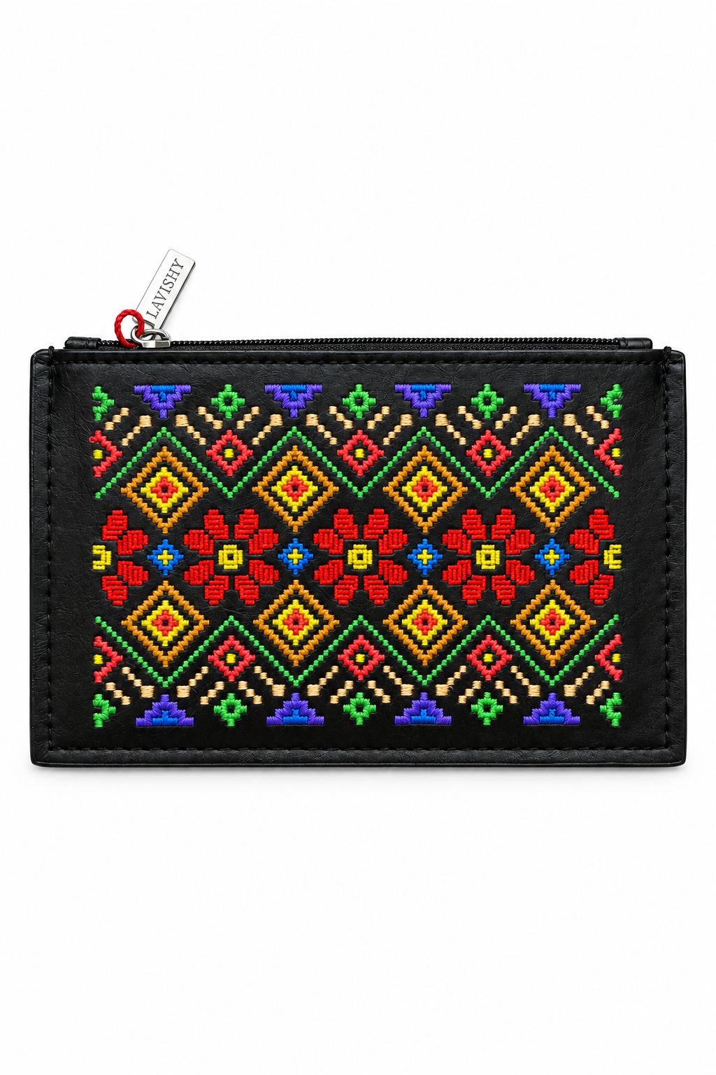 Black rectangular pouch with colorful geometric embroidery on a white background