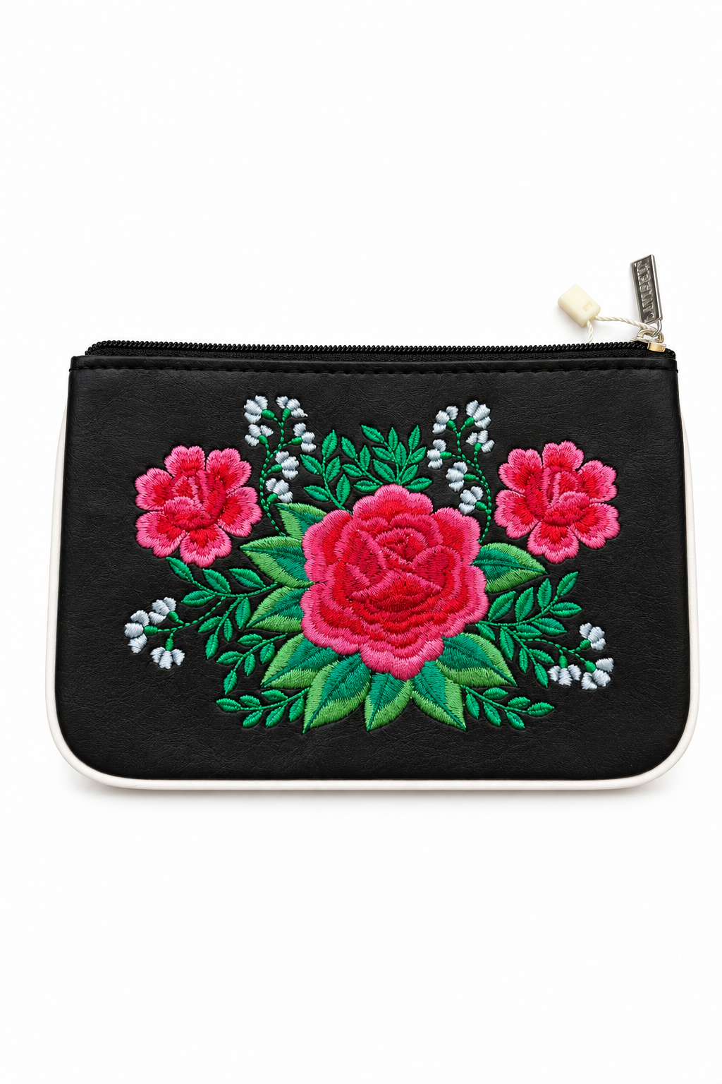 Black pouch with pink rose embroidery and green leaves on a white background