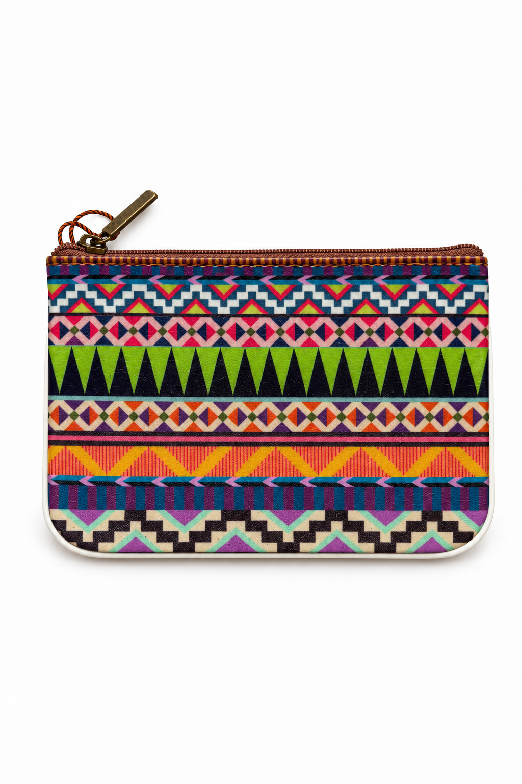 Zip pouch with multicolored geometric horizontal stripes on a white background