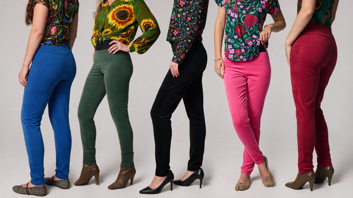 Slim-fit velvet corduroy pants in blue, green, black, pink and red.
