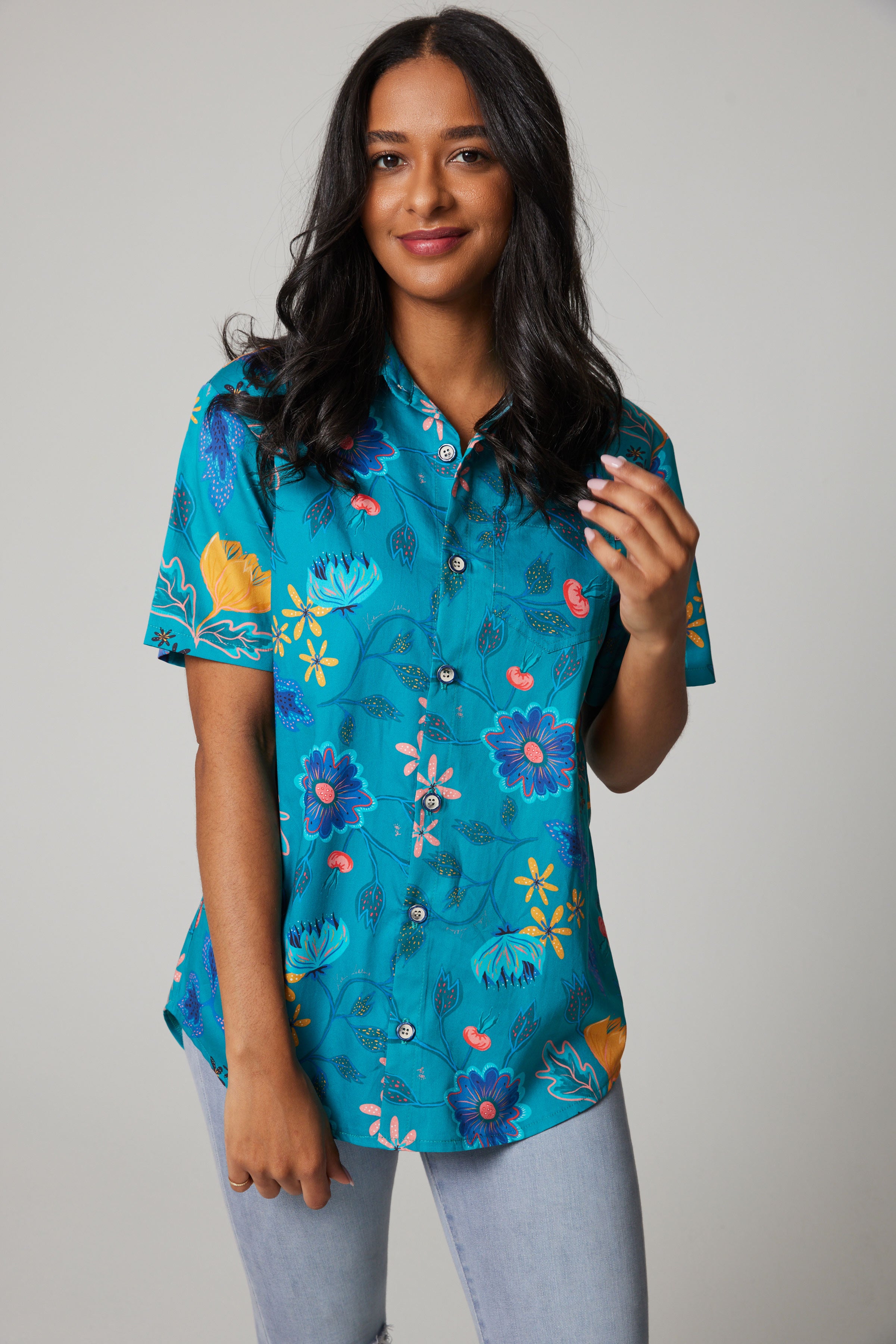 Chemise à poches en popeline de coton - Églantine Turquoise
