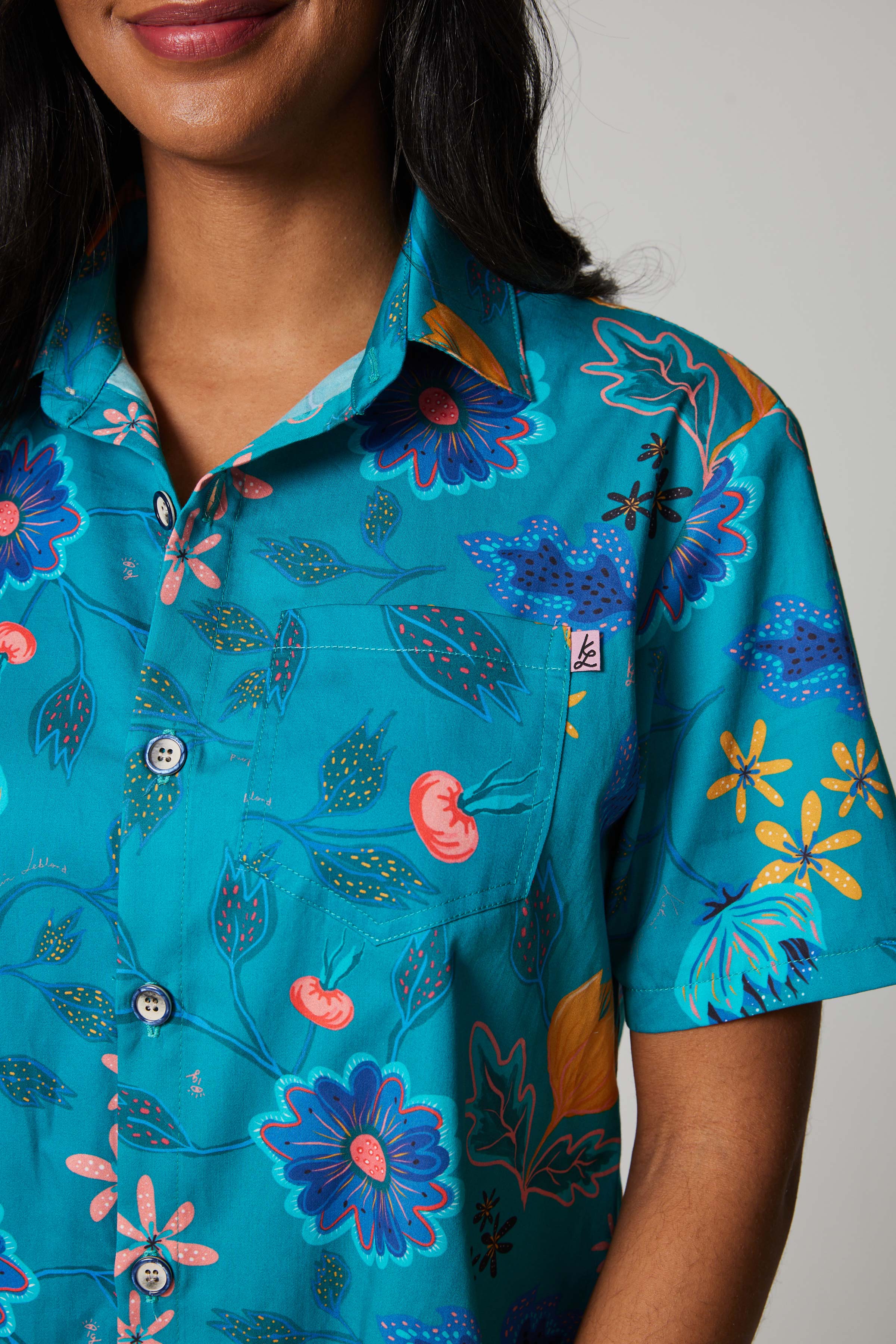 Chemise à poches en popeline de coton - Églantine Turquoise